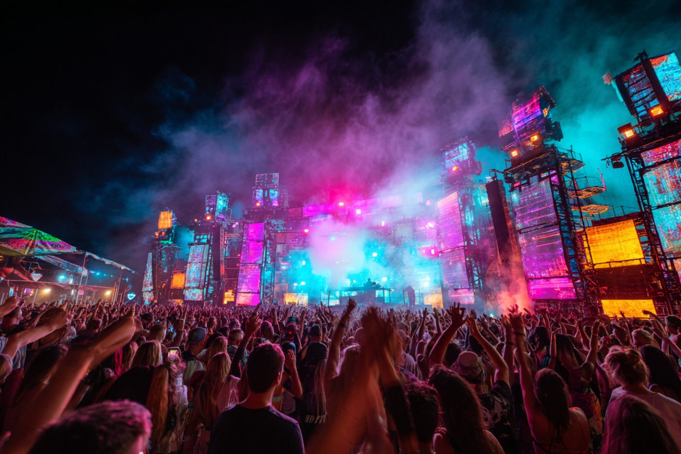 Foule de festival bras levés devant une scène couverte de projections colorées