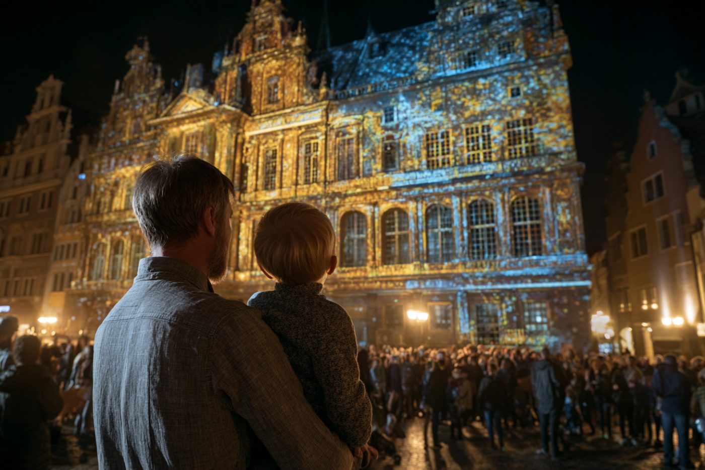 Un parent et un enfant regardant une façade historique illuminée par une projection, au milieu de la foule