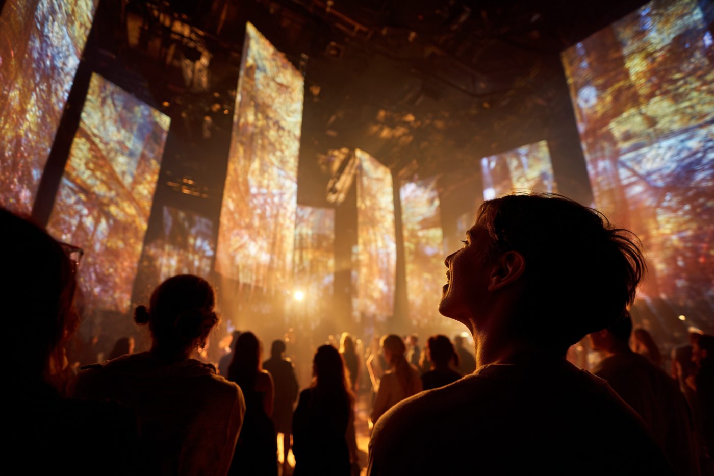 Spectatrice le visage levé, éclairée par une projection immersive sur des panneaux de décor